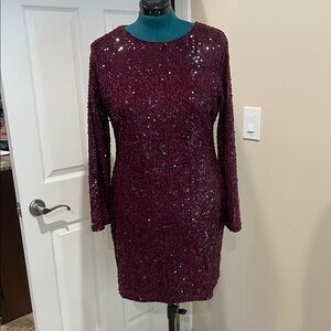 Elegant Sequin Long Sleeve Dress - Burgundy Side Zip Large